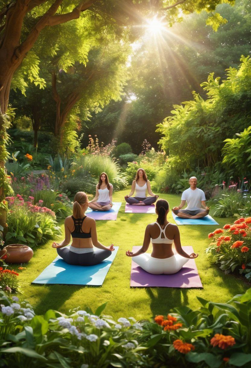 A serene, sunlit scene depicting a diverse group of individuals engaging in holistic wellness activities such as yoga, meditation, and healthy cooking in a lush garden. Elements of mindfulness and support are emphasized through warm interactions, healthy foods, and tranquil nature. Include symbols of hope like butterflies and blooming flowers to convey empowerment in the face of adversity. super-realistic. vibrant colors. bright and uplifting atmosphere.