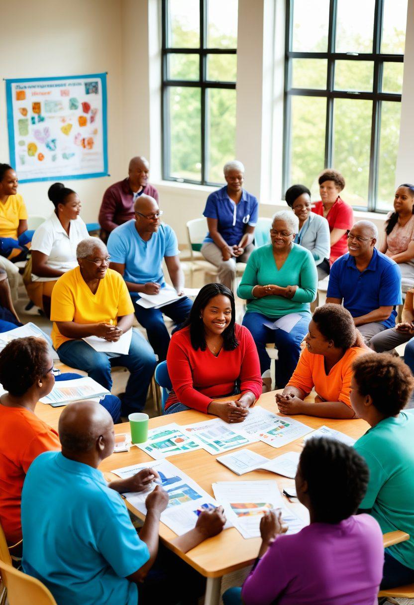 A diverse group of patients gathered in a bright community center, engaging in a dynamic health education workshop. They are sharing stories, receiving information from a knowledgeable facilitator, and interacting with colorful educational materials. Include banners about support networks and wellness, with a warm and inviting atmosphere, symbolizing empowerment and unity. Illustration capturing a sense of hope and collaboration among individuals of all ages. vibrant colors. 3D.