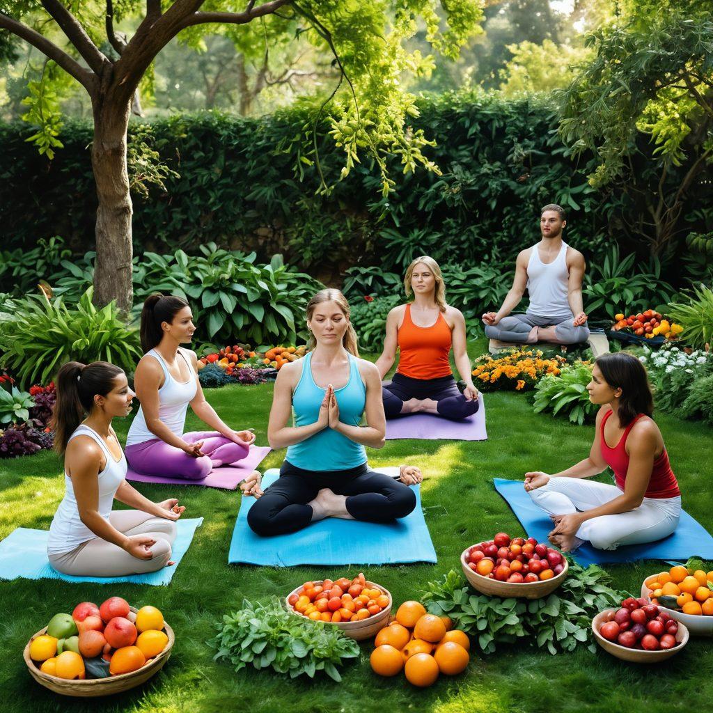 A serene and soothing garden setting with a diverse group of people practicing yoga and meditation, surrounded by colorful fruits, vegetables, and herbs symbolizing nutritional support. Include soft natural light filtering through the leaves, creating a calm atmosphere. Showcase elements of emotional support, such as comforting interactions between individuals. The overall composition should evoke a sense of balance and healing. super-realistic. vibrant colors. natural elements.